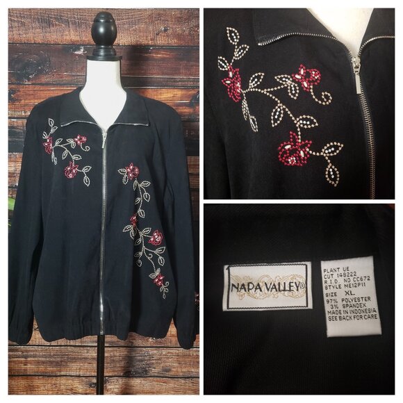 Napa Valley Jacket XL Black Floral Embroidered Beaded Full Zip - Picture 1 of 10